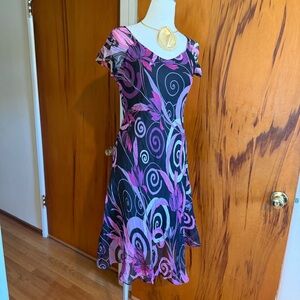 Black & Purple Floral Swirl Cap Sleeve MIDI Dress